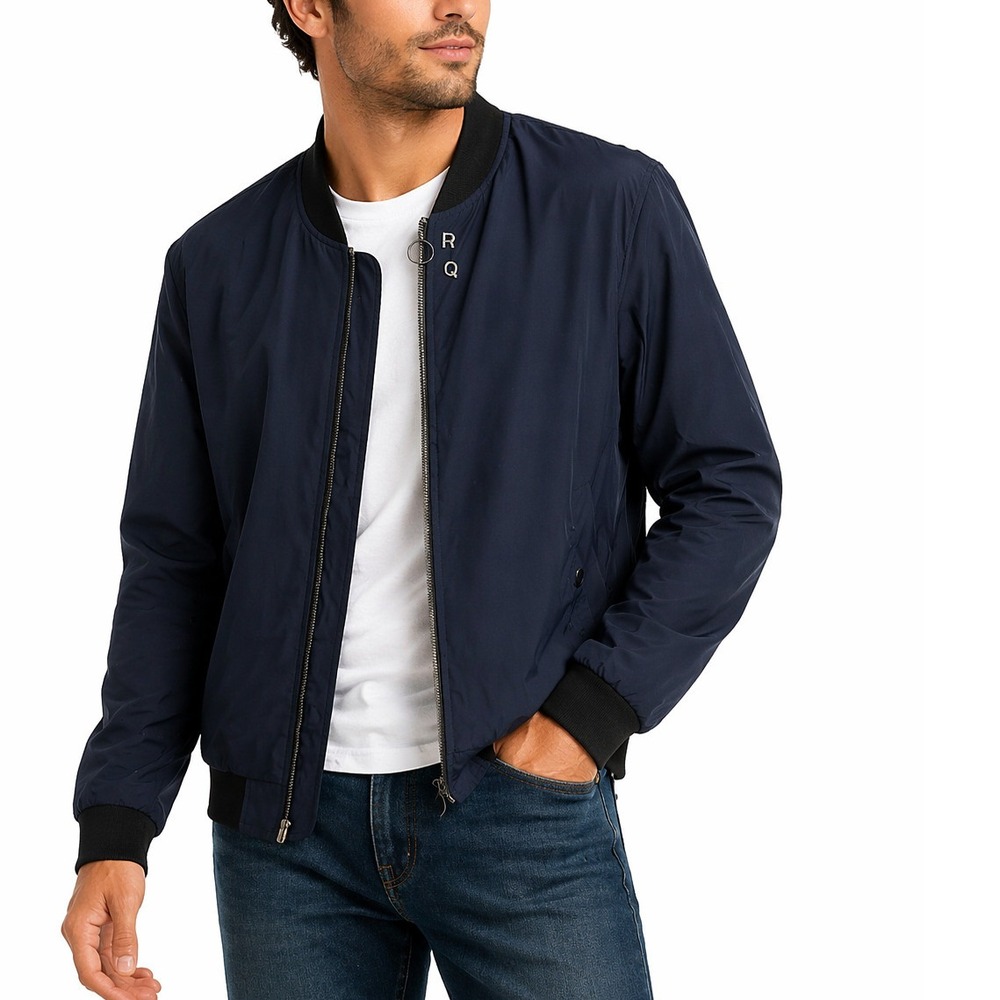 Bomber Jacket Navy Blue L Full Zip Windbreaker with O-Ring Logo Mens NWOT